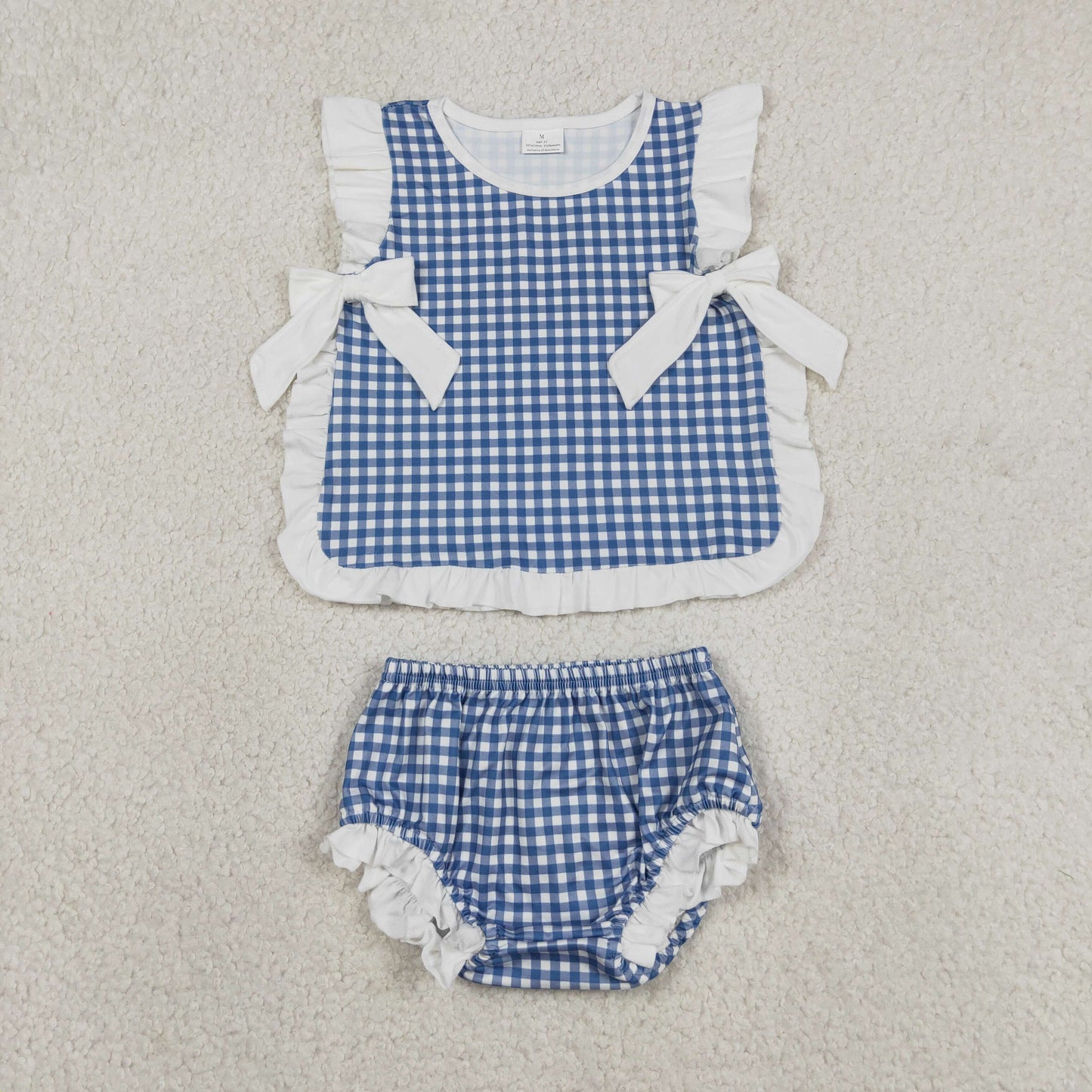 sleeveless navy blue white gingham ruffle bummie set