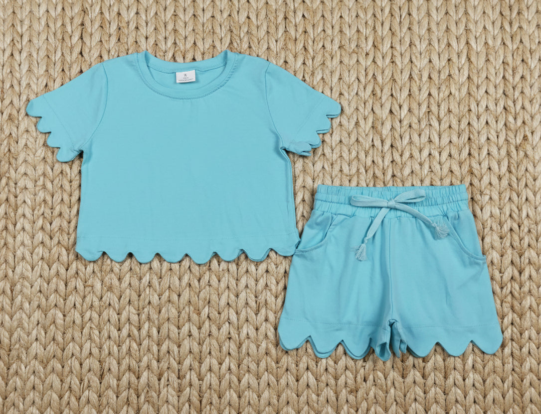 cotton blue scallop shorts set