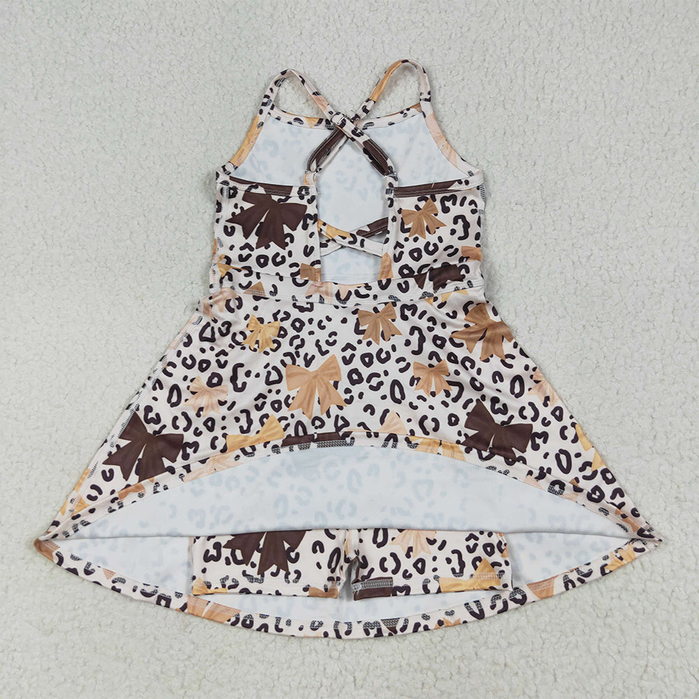 GSD2649 Baby Girls Strap Olive Bows Leopard Shorts Knee Length Dress D 7.5