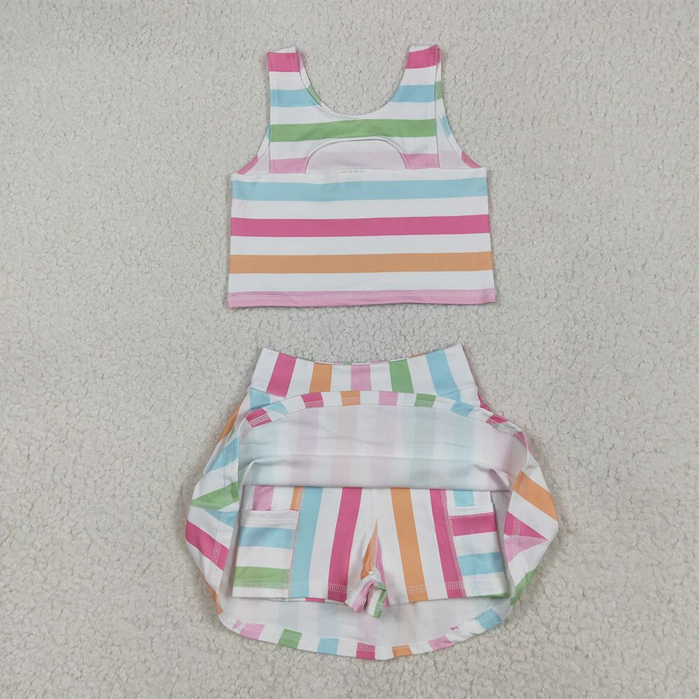 GSD2348 Baby Girls Sleeveless Colorful Stripes Top Skort Yoga Set D 5.9