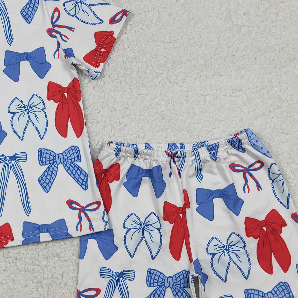 Baby Girls 4th of July Pajamas Set with Blue Red Bows Top And Shorts Patriotic Clothing for Babies