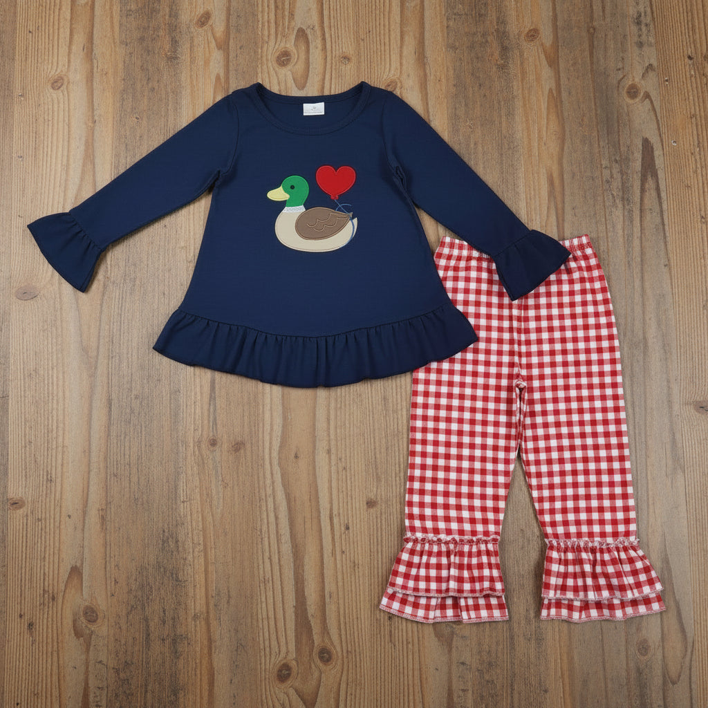 duck heart embroidery plaid pants set valentine's day girls outfit