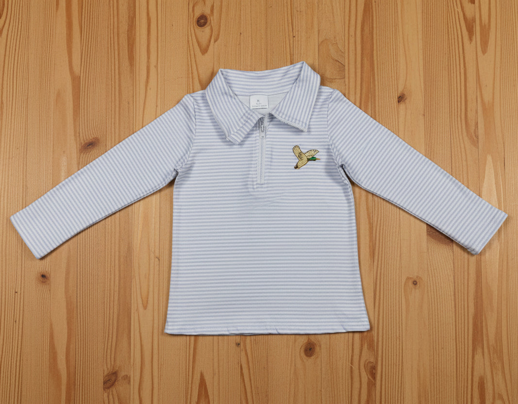 blue stripes mallard embroidery zip pullover