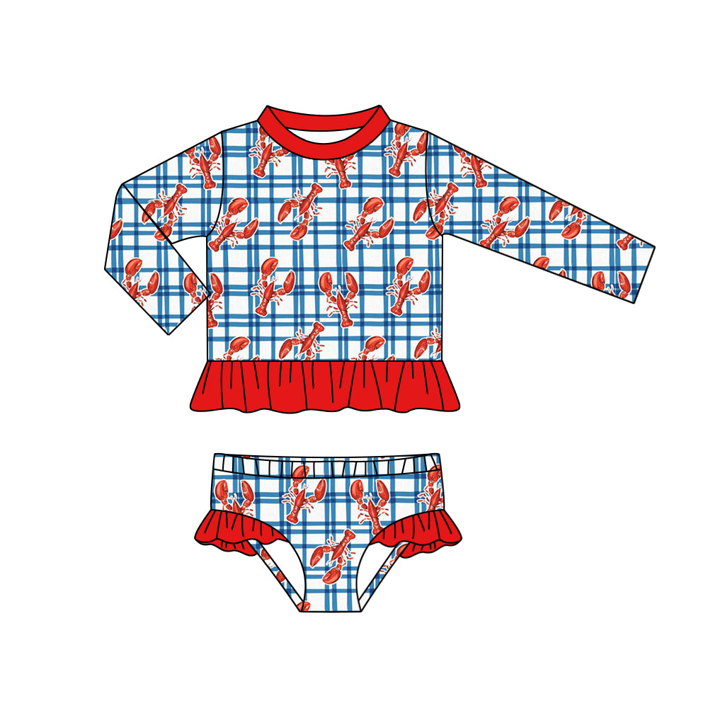 preorder S0365 Baby Girls Crayfish Blue Plaid Long Sleeve Swimsuit Beach Wear