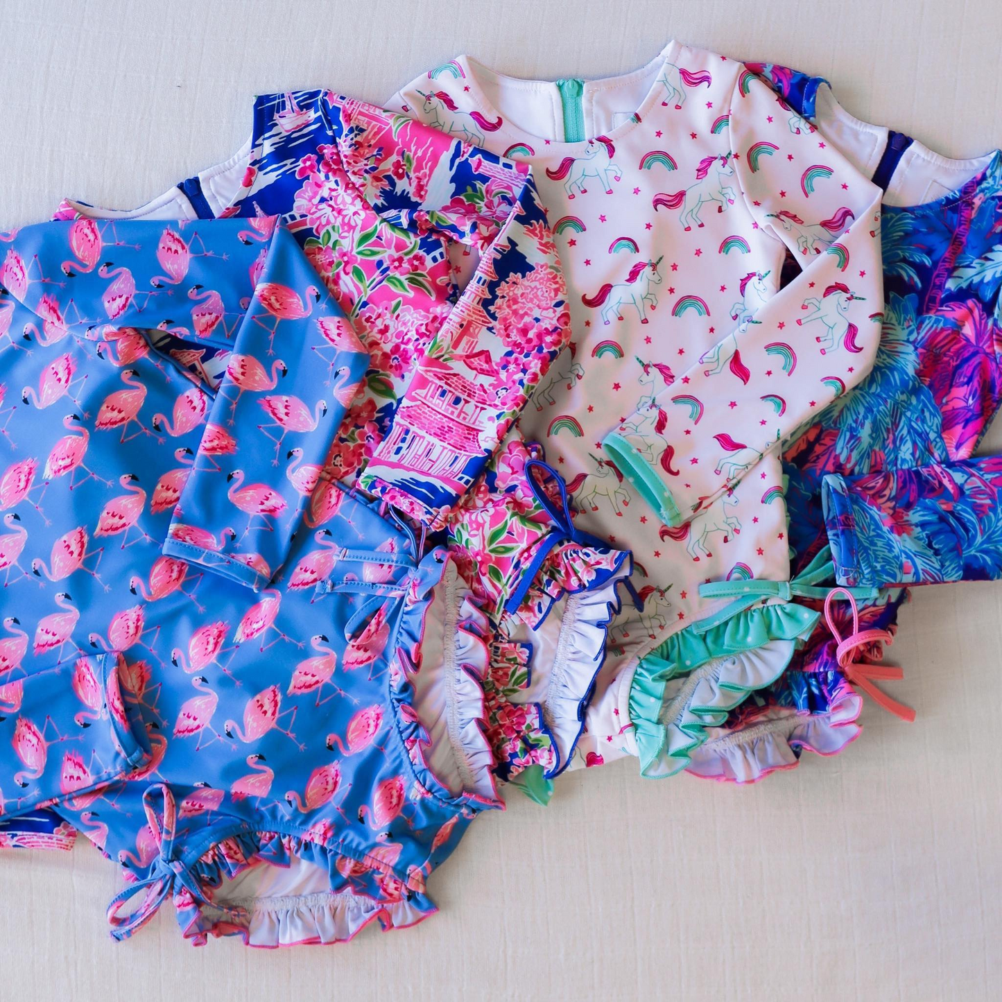 preorder S0378 Rainbow Unicorn Star Pink Zip Long Sleeve One Piece Swimsuit