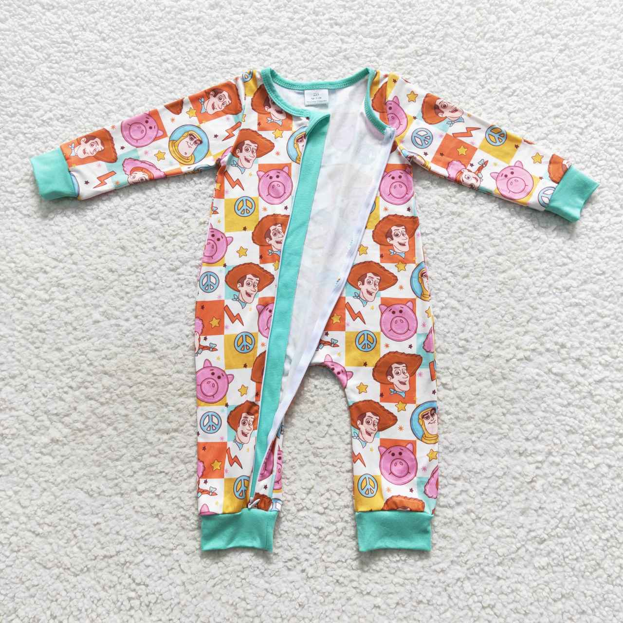 LR0558 kids Cartoon Plaid Zip Long Sleeve Jumpsuit