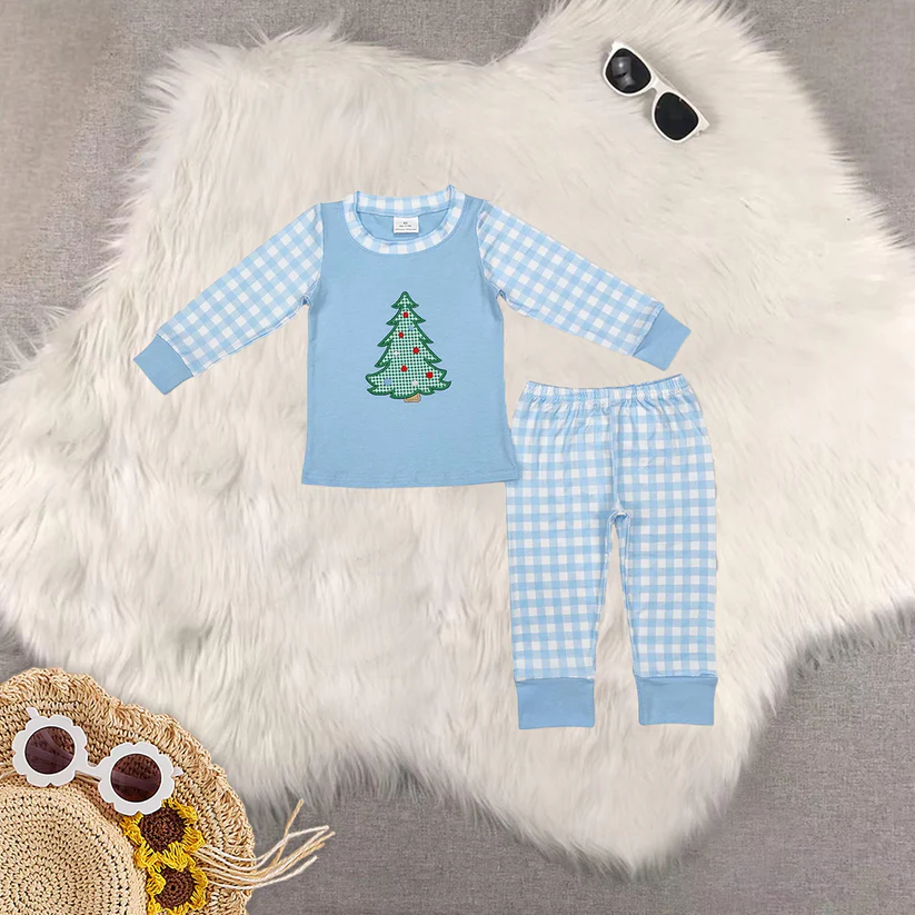 Match Embroidery Christmas Tree Blue Plaid Long Sleeve Long Pants Pajama Set Romper D 5.26