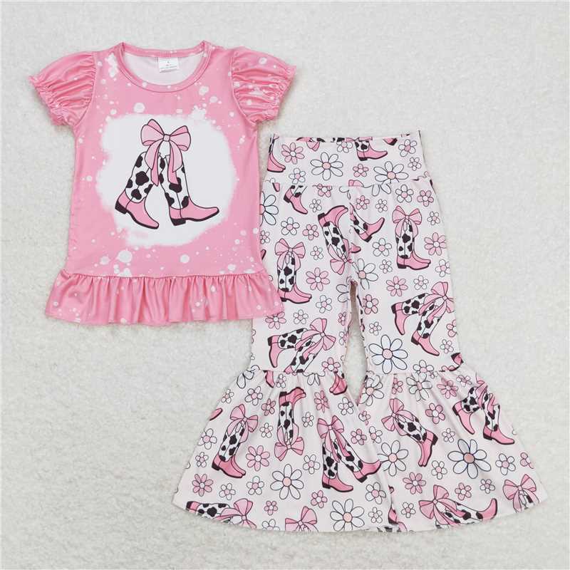 Match Baby Girls Sibling Horse Boots Tee Top Bell Pants Western Outfits Sets