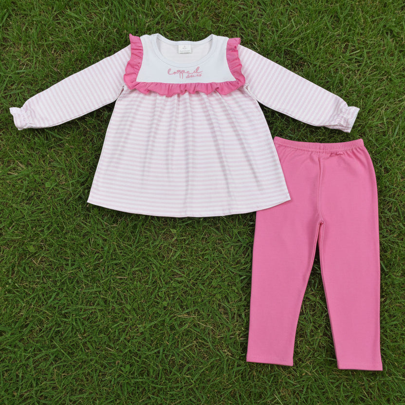 pink stripes bow lord embroidery legging set