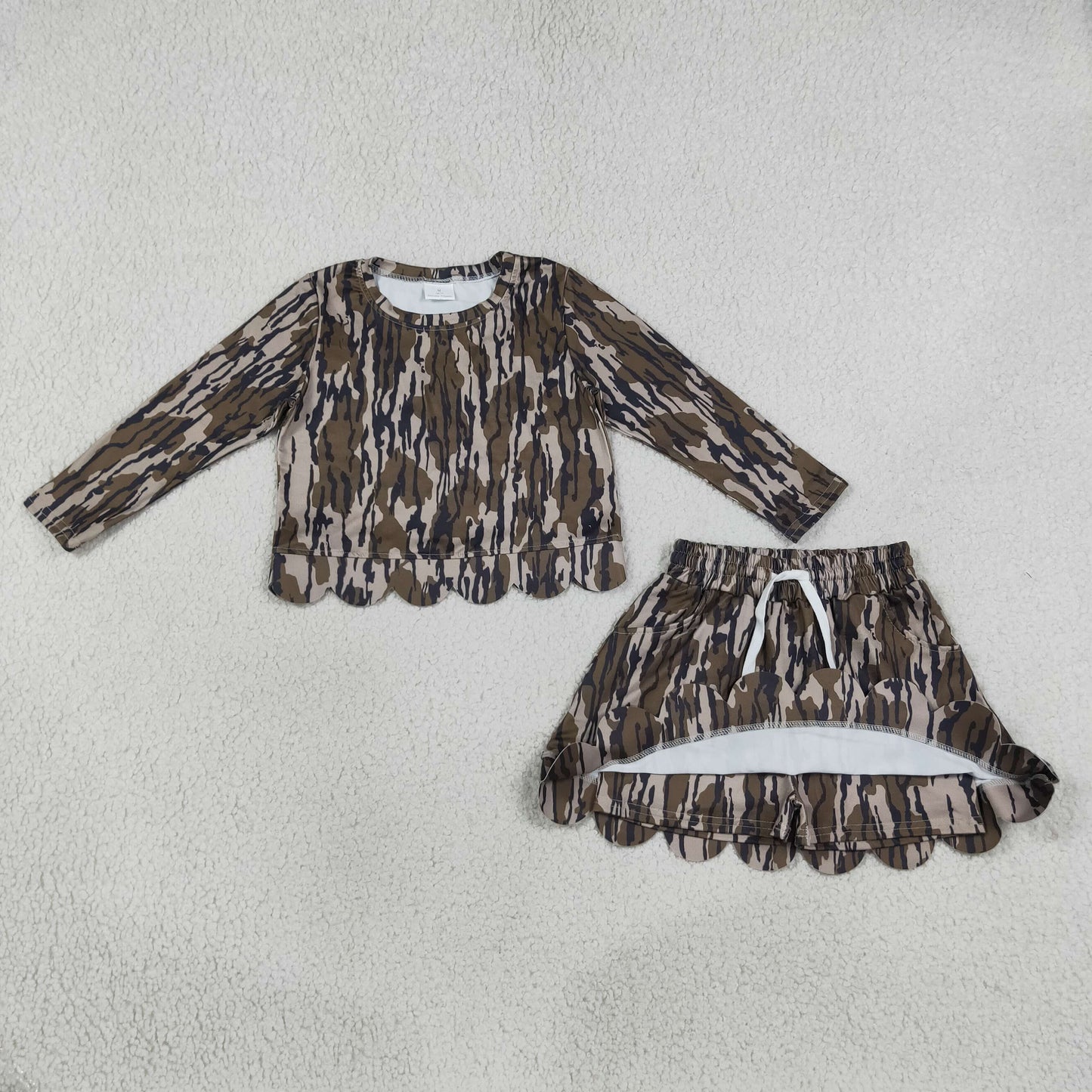long sleeve camo scallop skort set