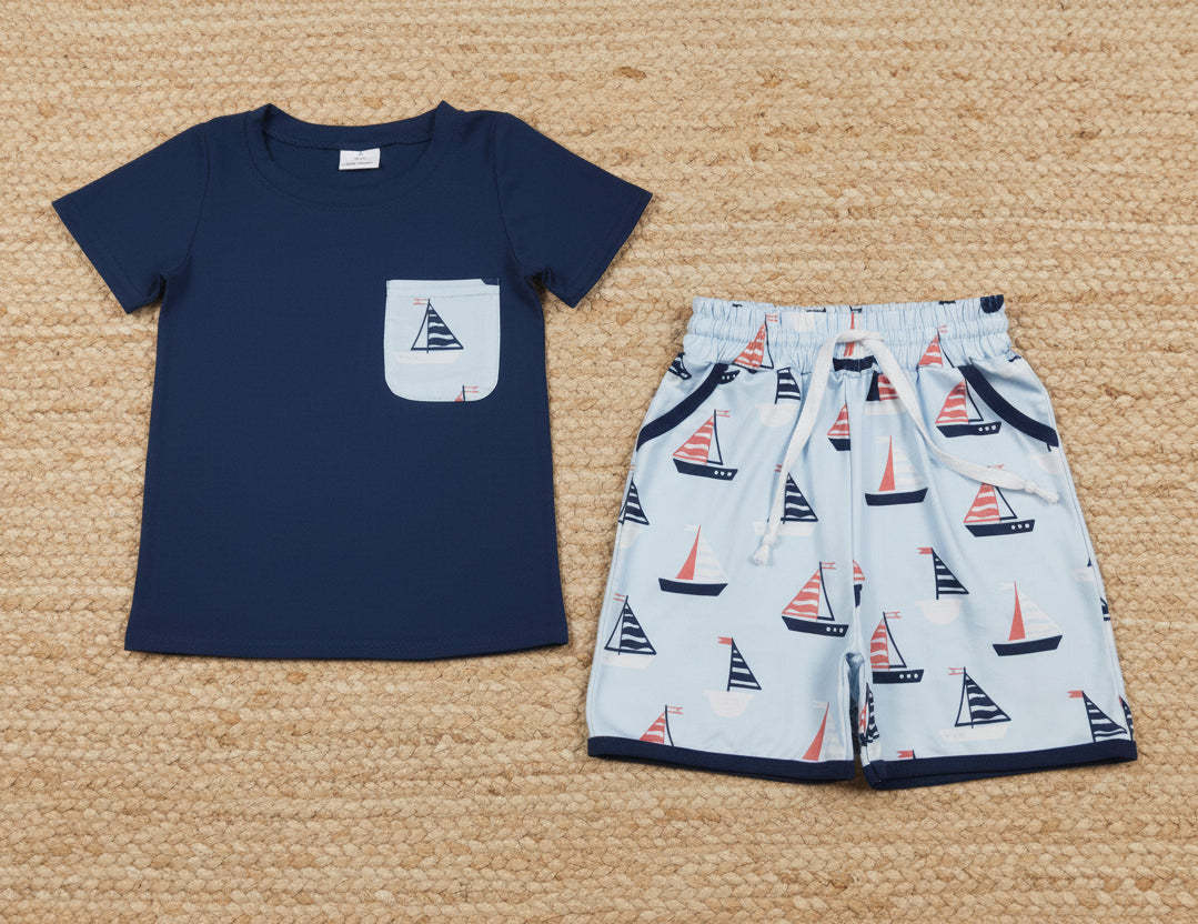 red white blue sailboat 4th of July boys shorts outfit