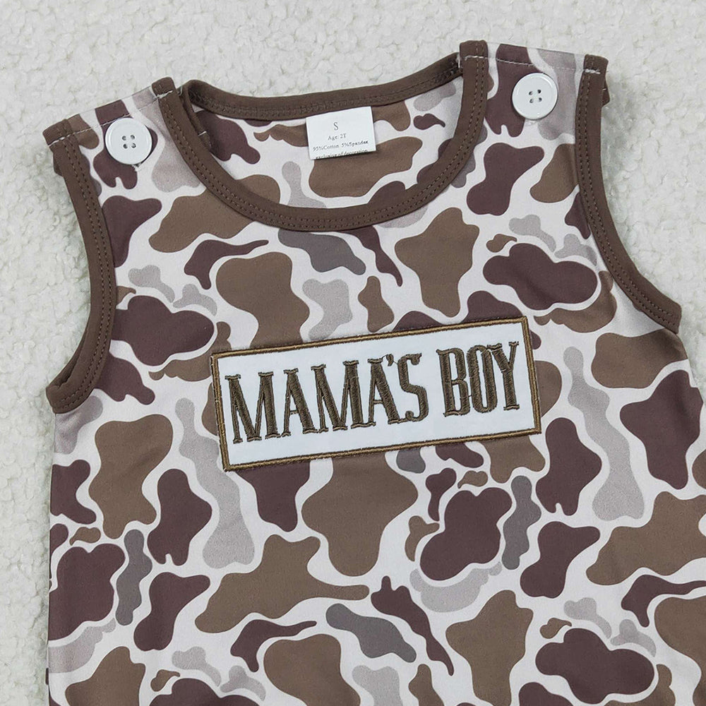 RTS NO MOQ(In Stock ) SR3889 Embroidery Mama's Boy Southern Brown Camo Sleeveless Rompers