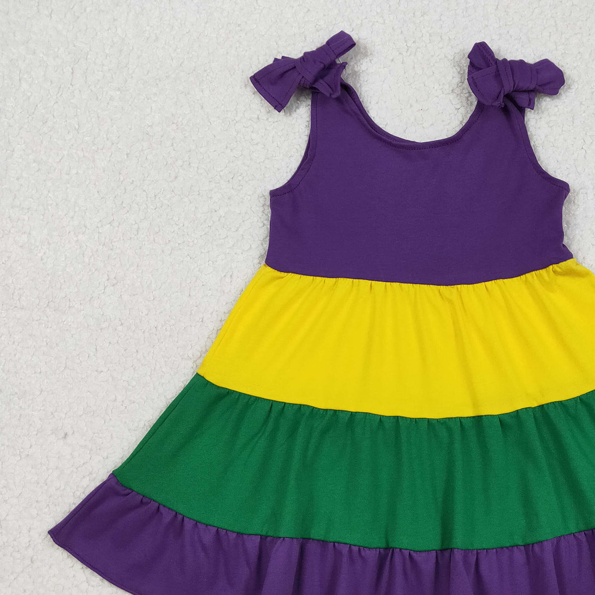 Baby Girls Patchwork Ruffle Knee-Length Dress with Bows Strap Mardi Gras Theme