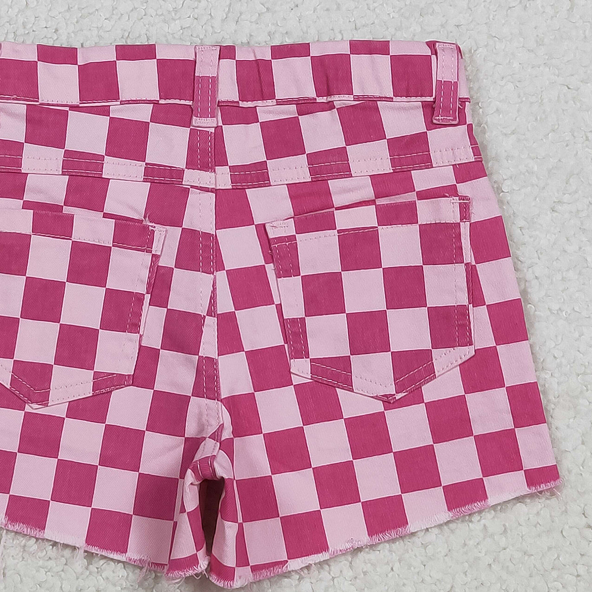 Baby Girls Pink Denim Shorts with Checked Pockets Bottom for Infants