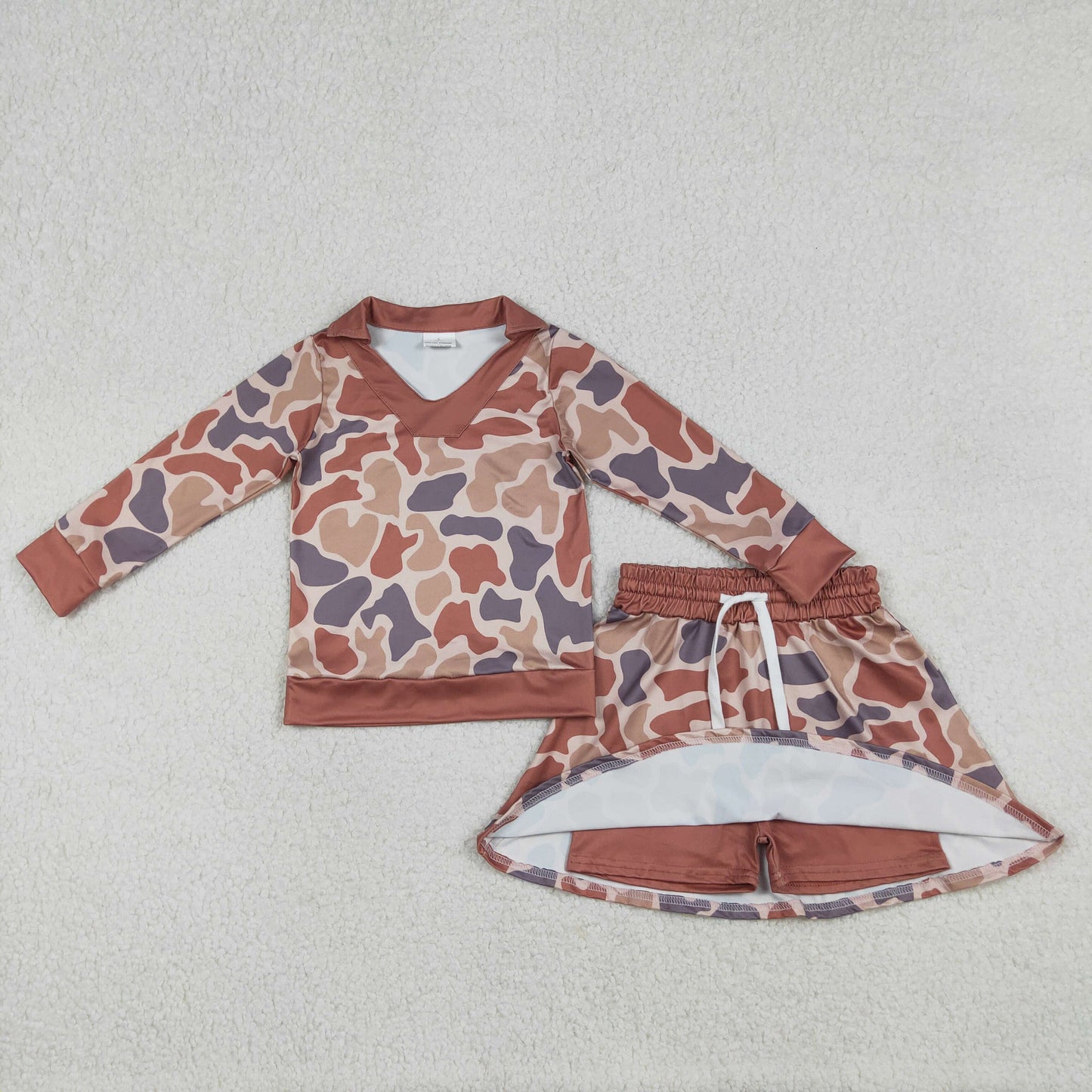 long sleeve brown camo pullover skort set outfit