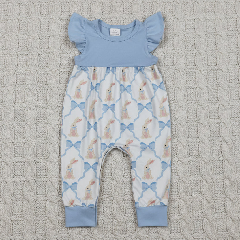 flutter sleeve blue bow and rabbit rompers