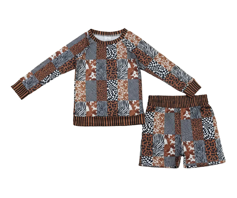 long sleeve animal patchwork shorts set