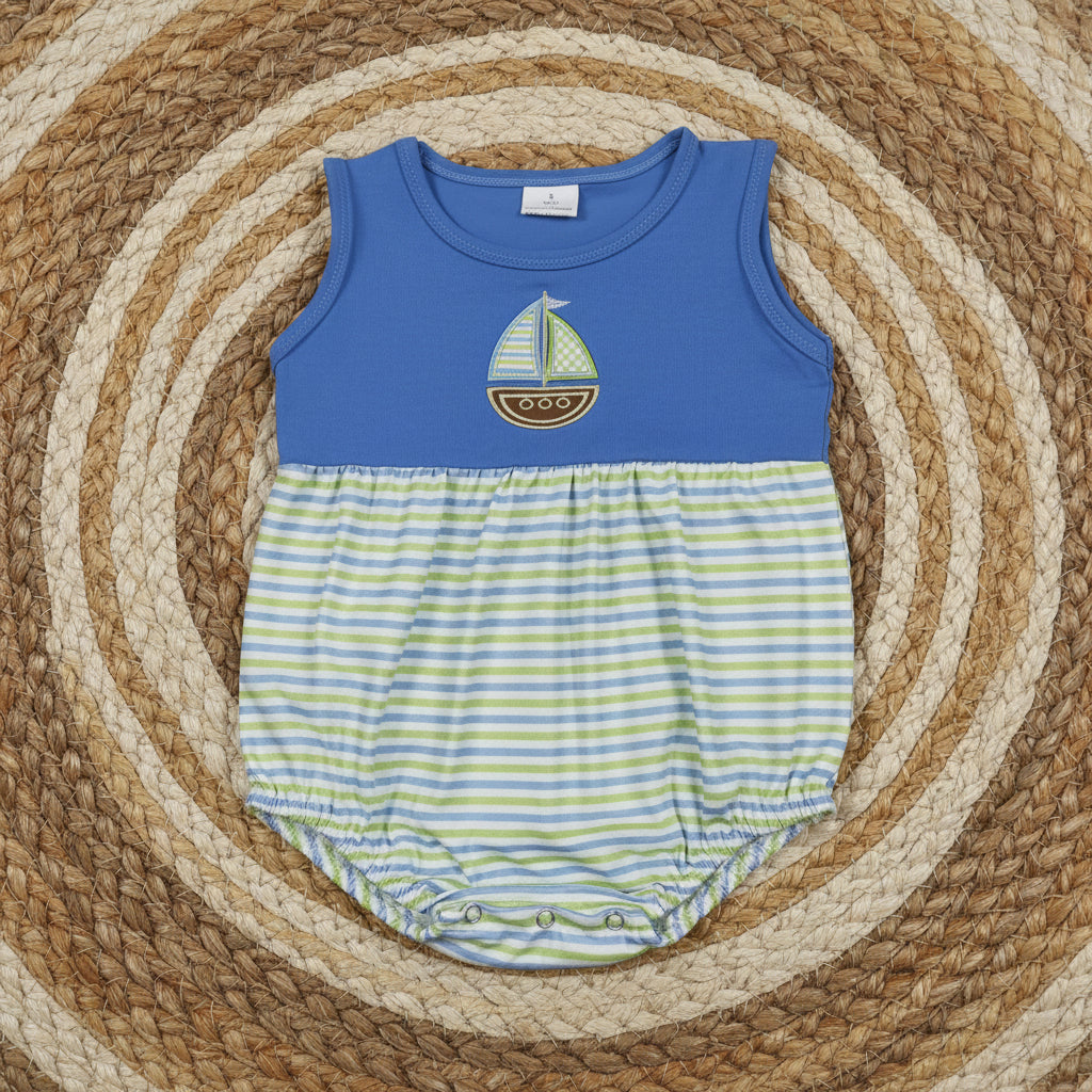 SR3892 sailboat embroidery bubble romper baby boy clothes