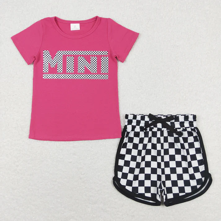 Match Baby Girls Mini Rose Red Short-sleeved Black And White Plaid Shorts Suit D 5.26
