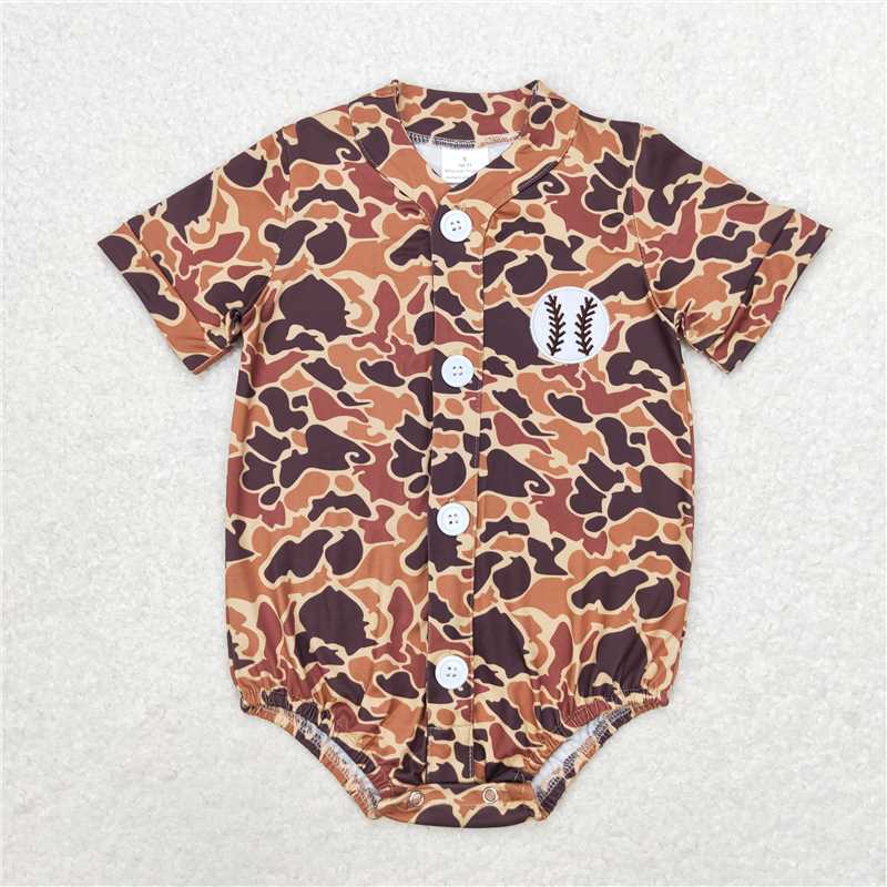 Match Baseball Baby Boys Brown Camo Button Team Short Sleeve Shirts Tops Rompers D 1121