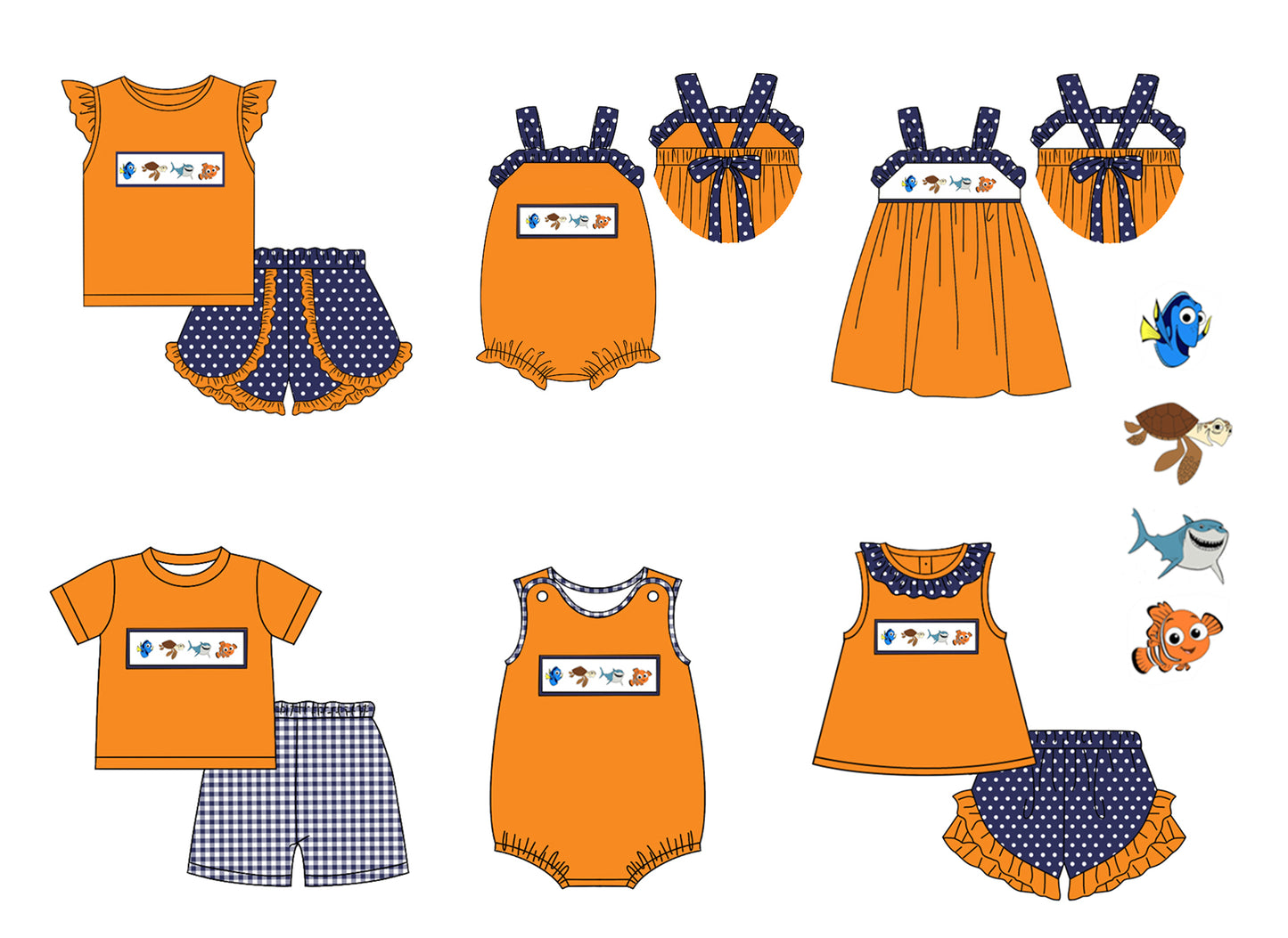 presale GSSO1345 Cartoon fish orange flying sleeves polka dot navy blue shorts suit