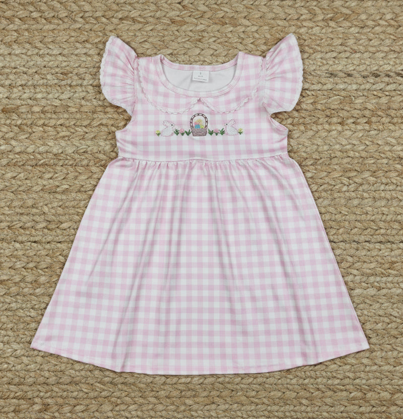 pink gingham white bunny egg basket embroidered easter girl dress
