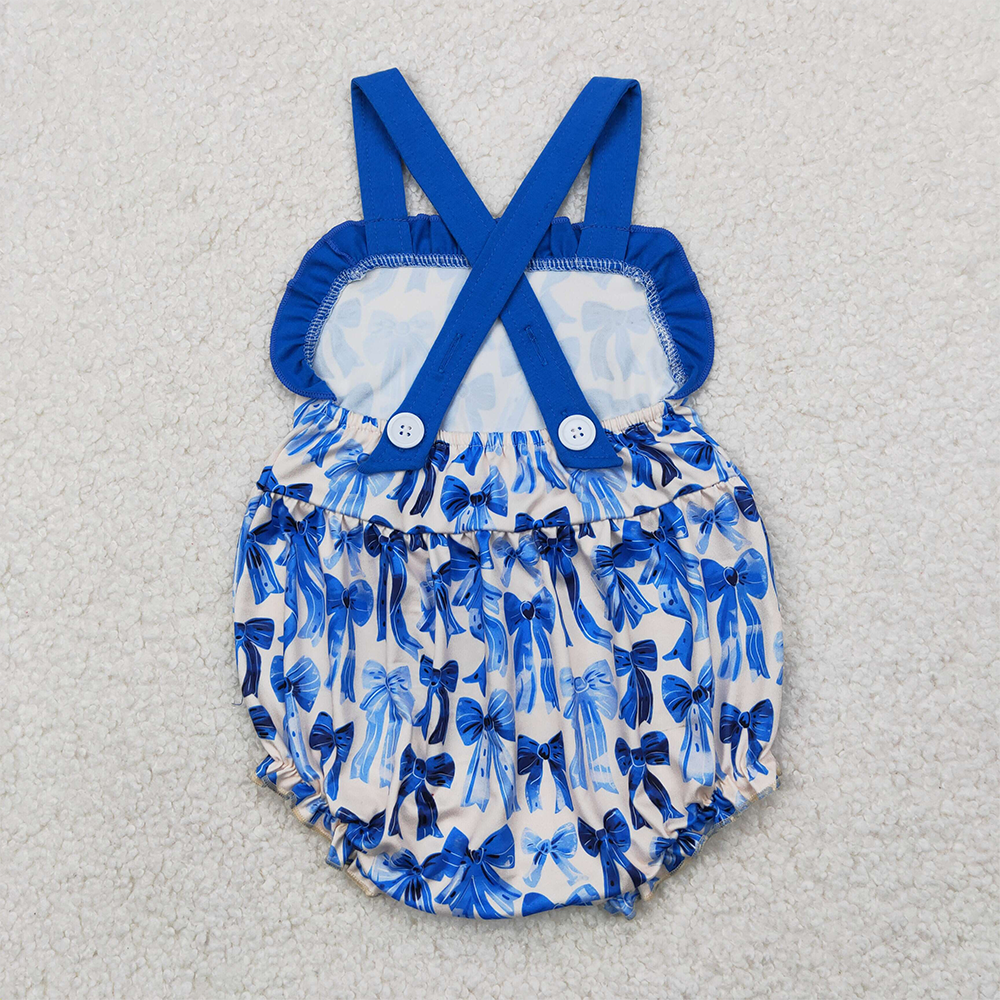 SR2919 Baby Infant Girls Blue Strap Bows Plaid Ruffle Rompers D 4.7