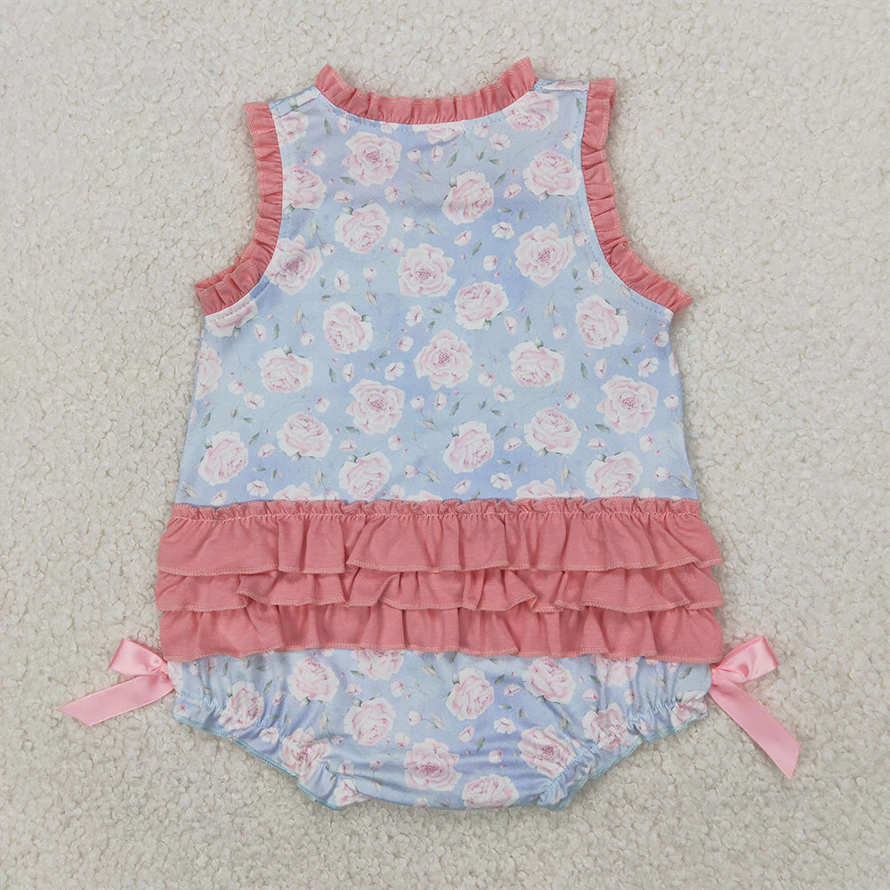 SR2911 Baby Infant Girls Pink Ruffle Sleeveless Little Sister Floral Rompers D 4.4