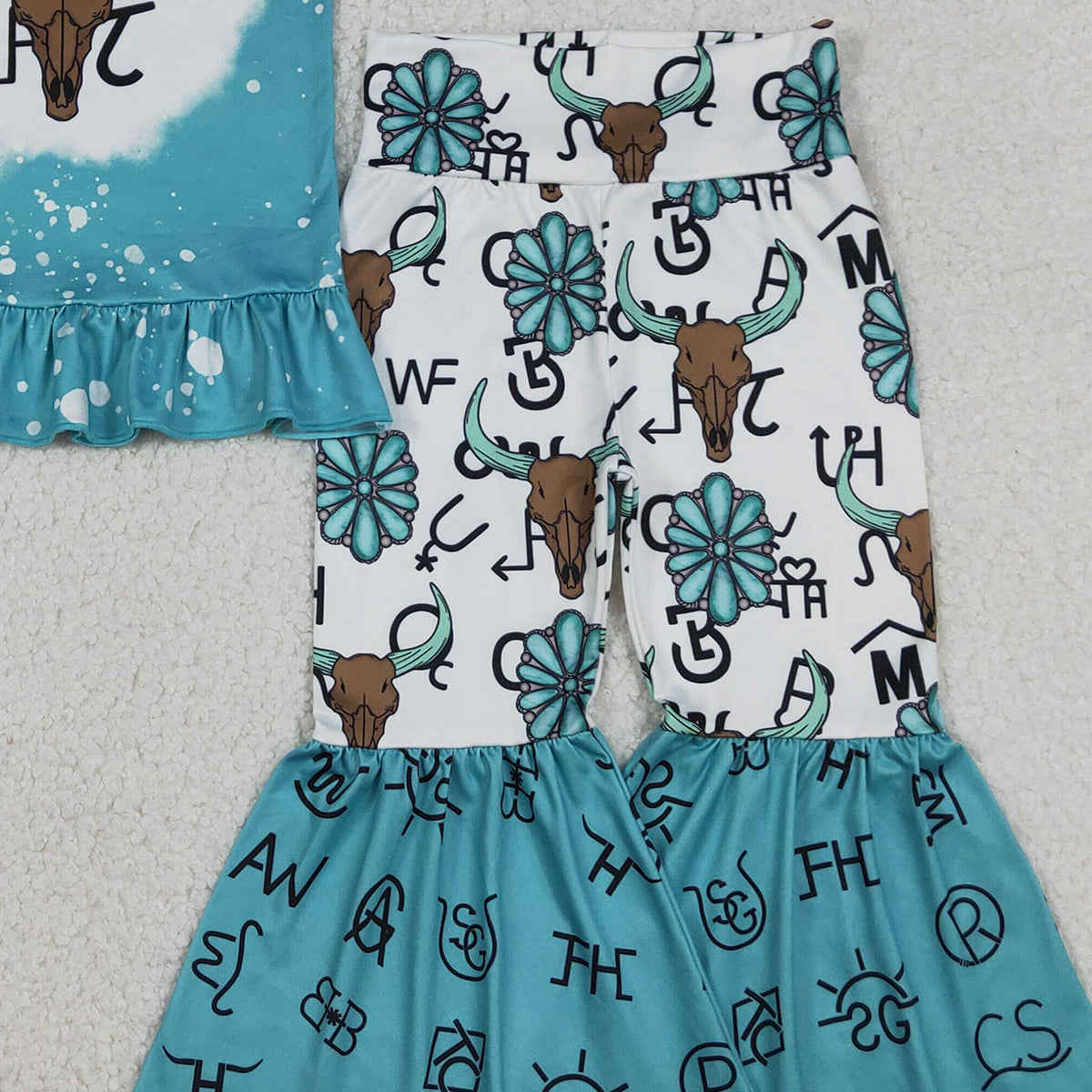Baby Girls Western Style Clothes Set with Bull Skulls Ruffle Top And Bell Bottom Pants for Infants