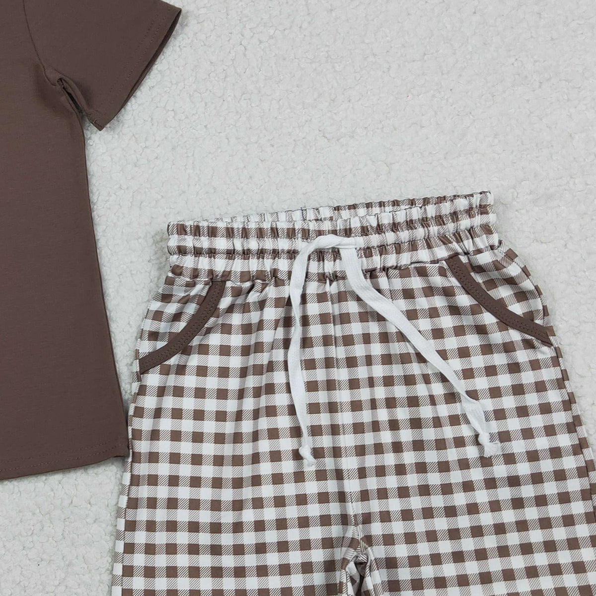 RTS NO MOQ(In Stock) BSSO1637 Embroidered Puppy Tree Branch Brown Short-Sleeved Plaid Shorts Set