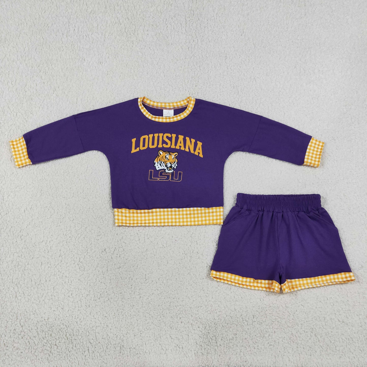 digital print purple football team LSU long sleeve sweatershirt shorts set