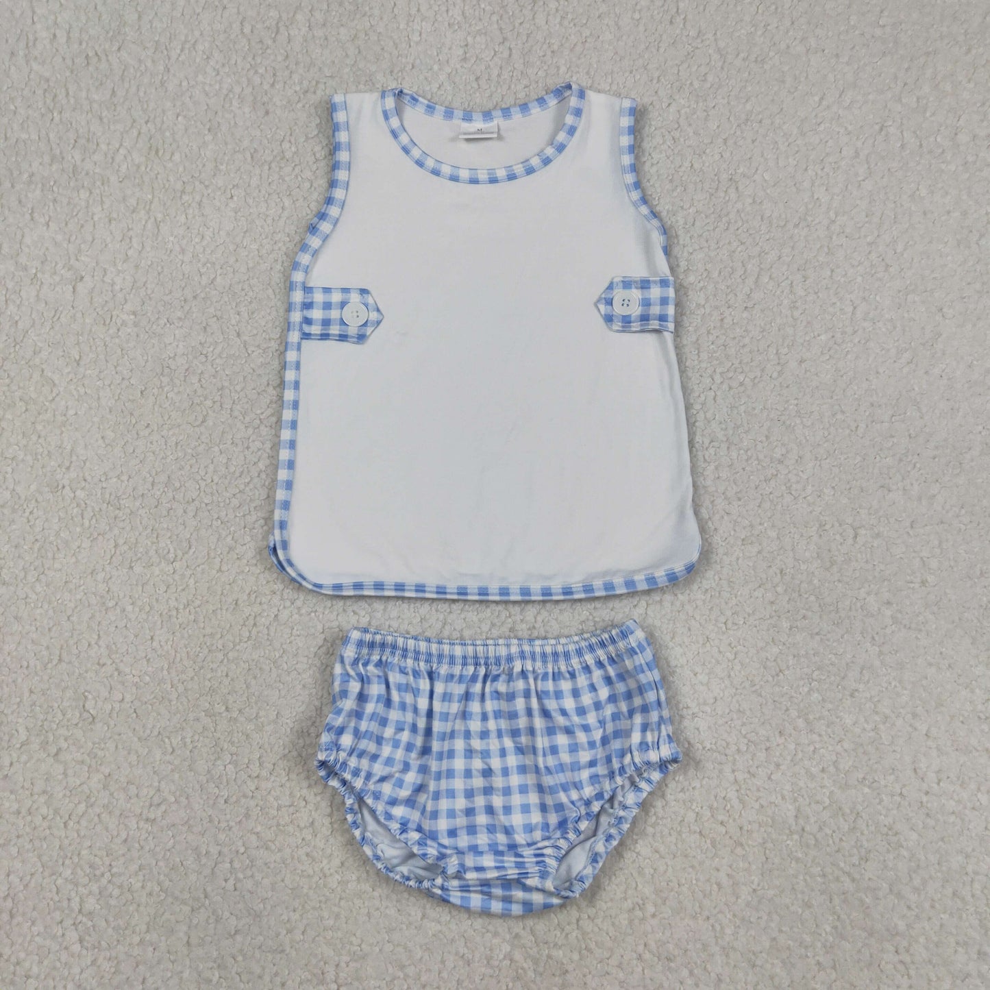 sleeveless white blue gingham bummie set