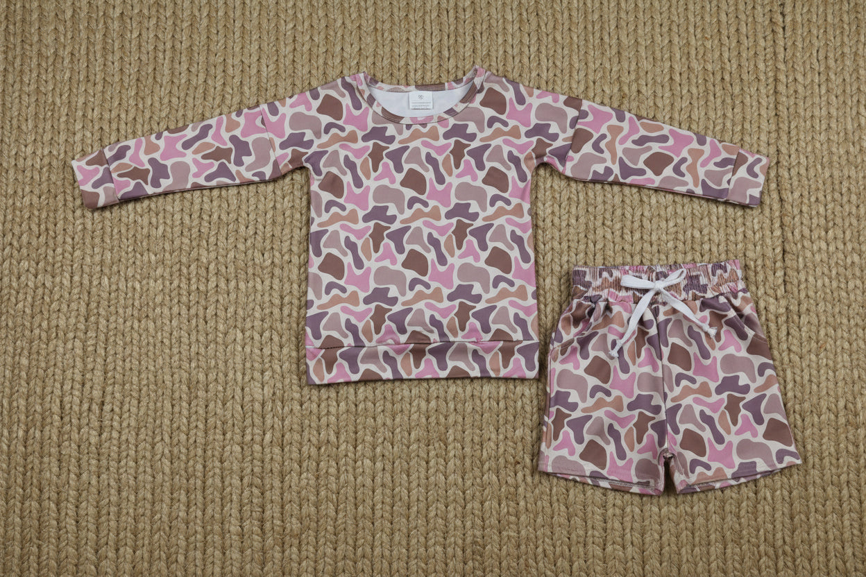 long sleeve pink camo shorts set