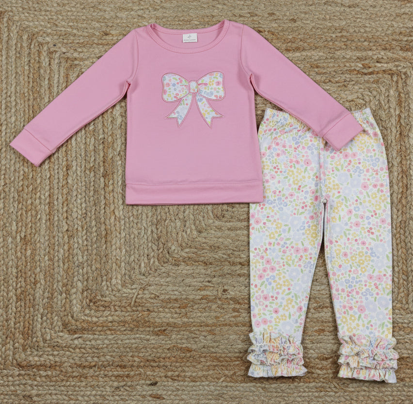 floral coquette embroidered icing pants set pink
