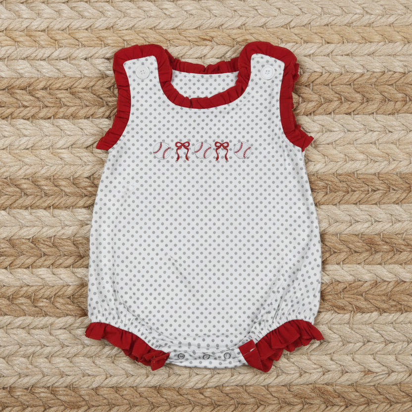 SR3581 red bows baseball embroidery polk dots bubble romper infant clothes