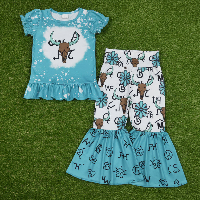 turquoise cattle cows bell bottom pants set