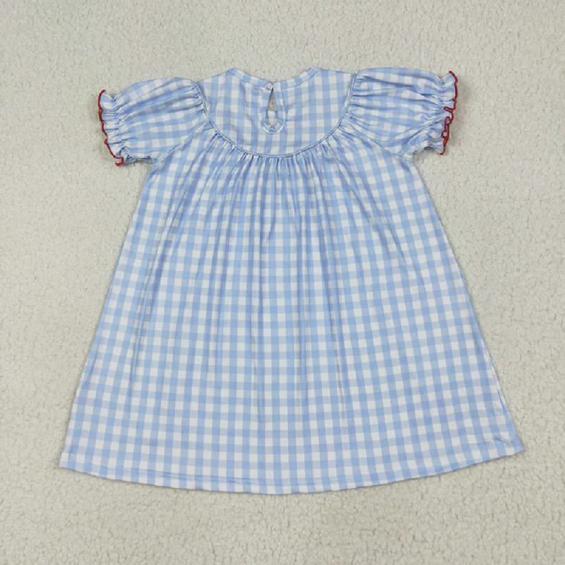GSD2275 Cow pig chicken blue plaid short sleeves girls dresses D 6.24