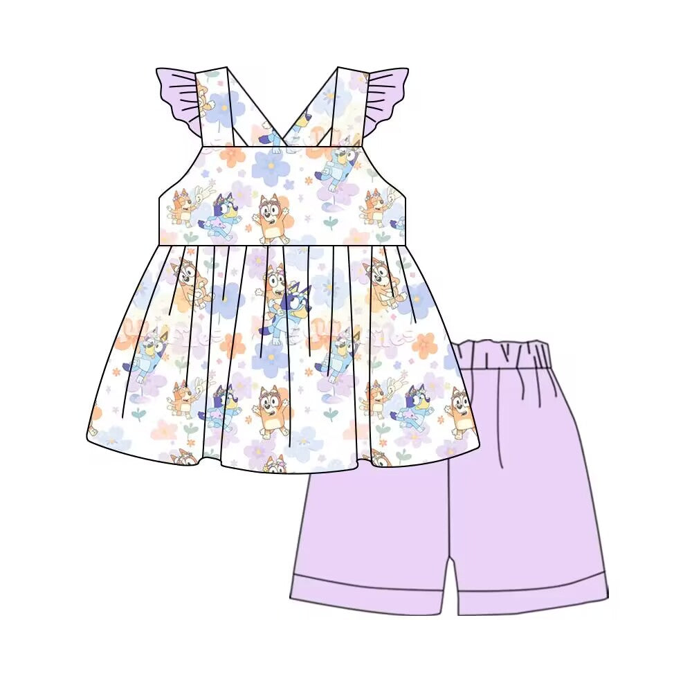 GSSO0998 Floral purple flying sleeve shorts suit