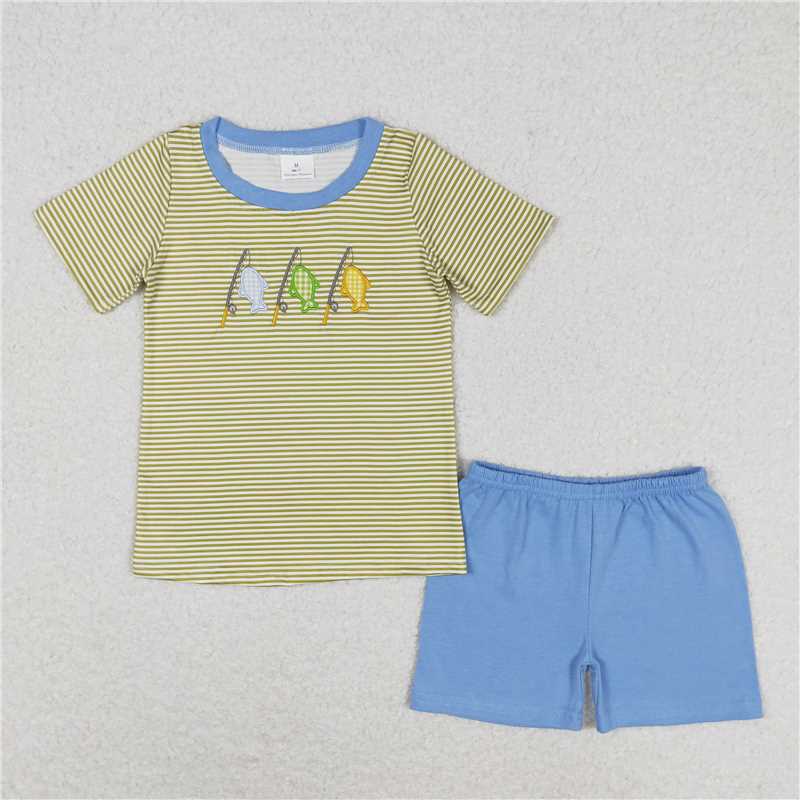 Match Baby Boys Stripes Fishing Sibling Embroidery Summer Rompers Clothes Sets