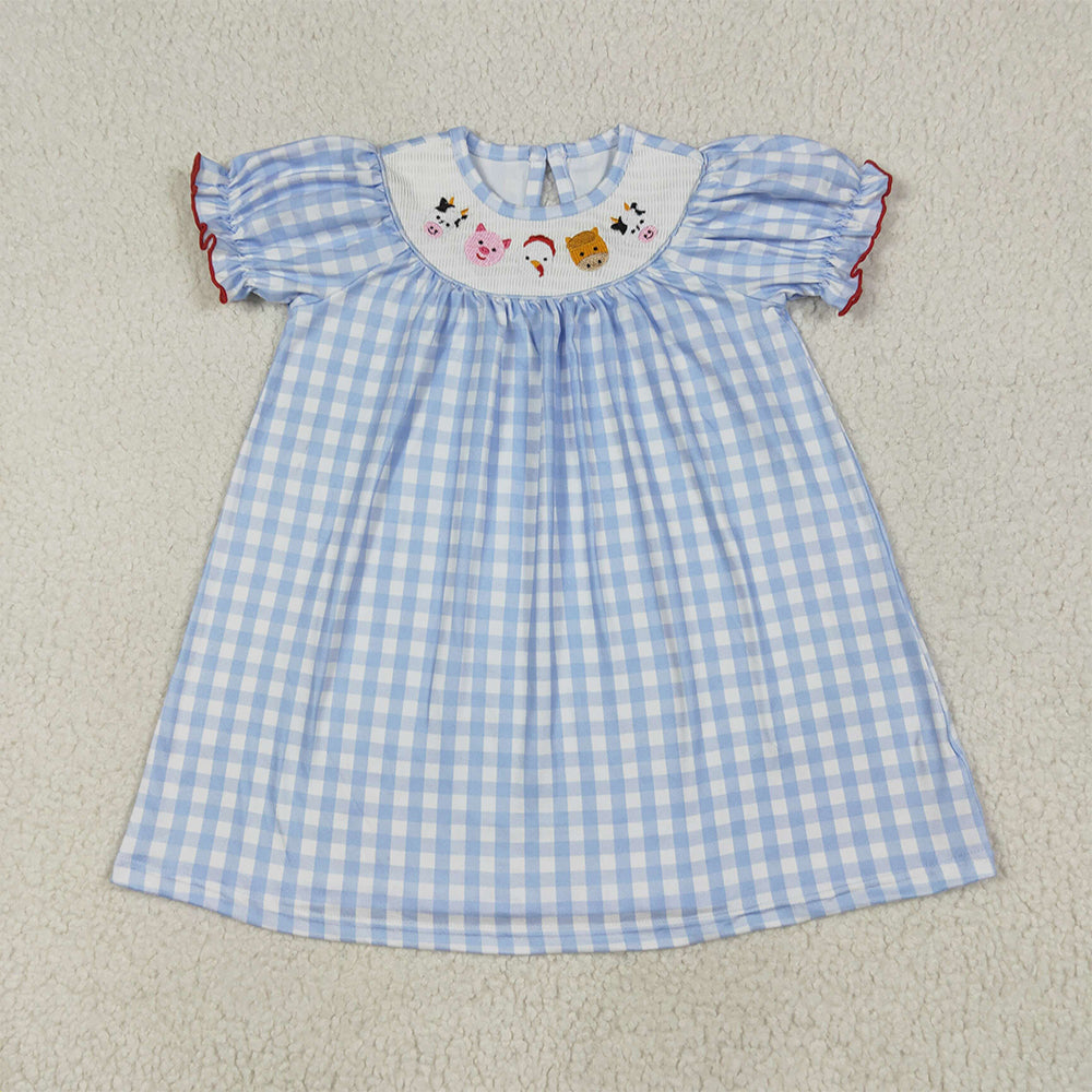 Sibling Baby Girls Blue Plaid Cows Pigs Farm Smocked Rompers Dresses D 6.24
