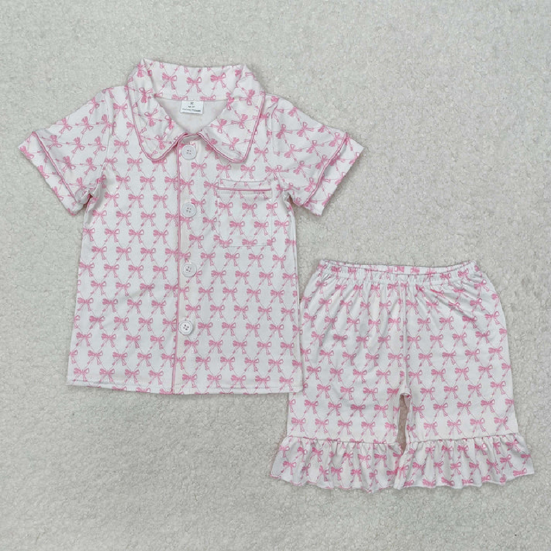 Match Baby Girls Colorful Bows Buttons Shirt Shorts Pajamas Clothes Sets D 5.26