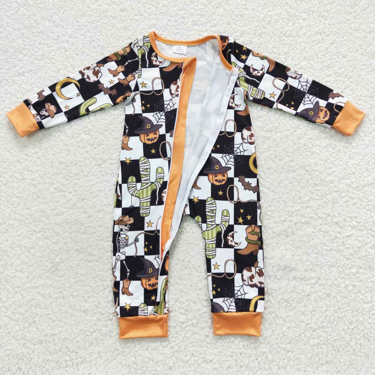 LR0404 Skeleton Cactus Pumpkin Black and White Plaid Zipper Long