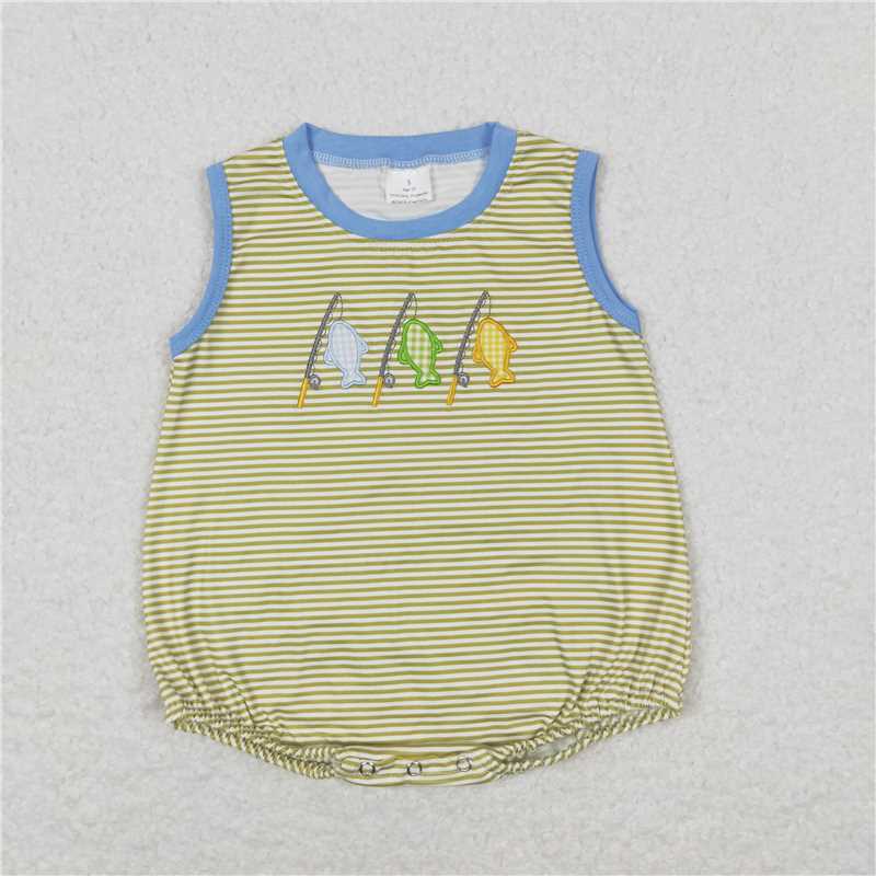 Match Baby Boys Stripes Fishing Sibling Embroidery Summer Rompers Clothes Sets