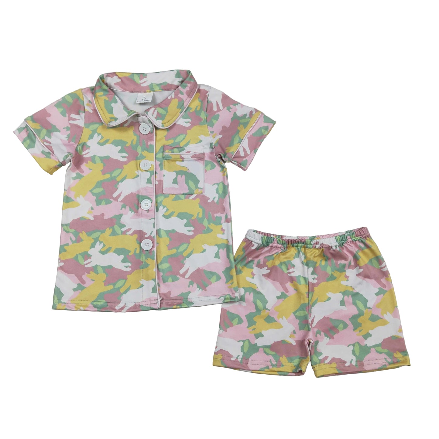 camo rabbit button down shorts pajama set for easter