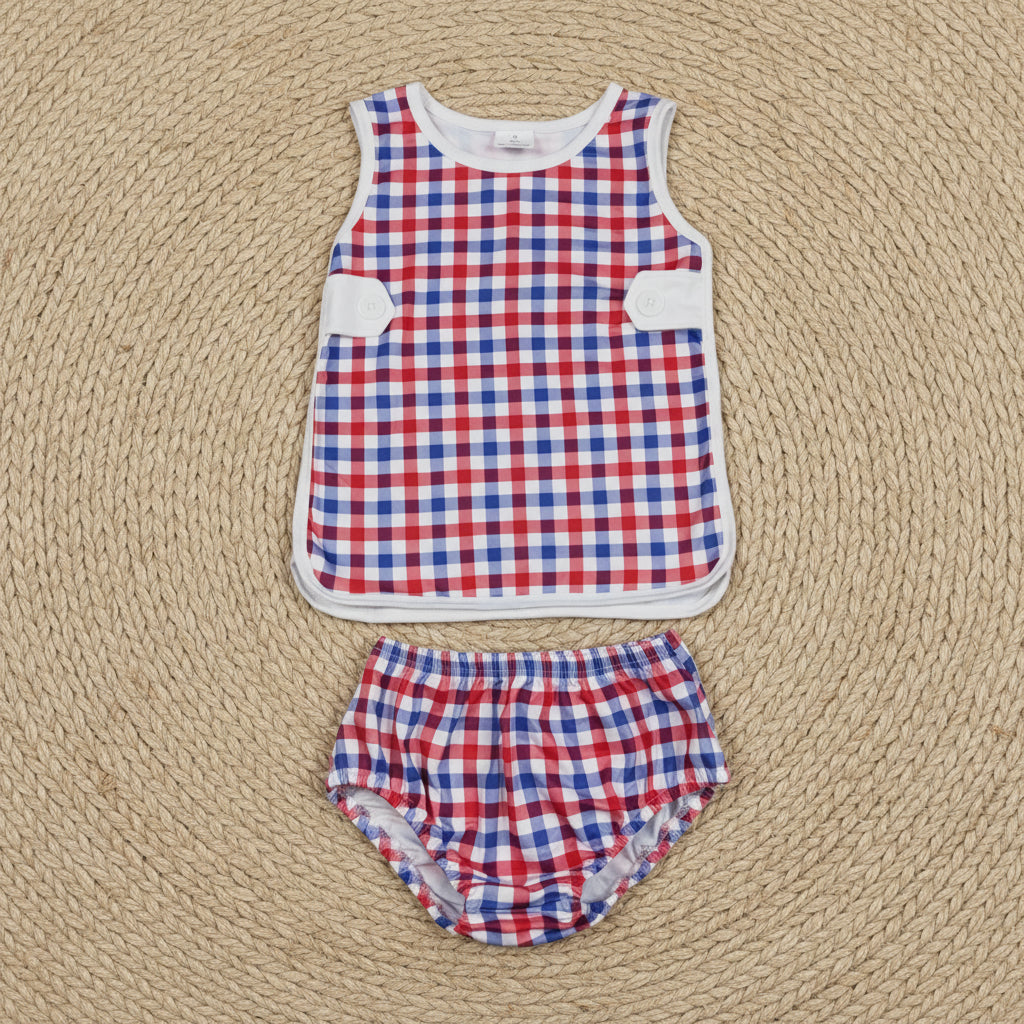 sleeveless red white blue gingham bummie set