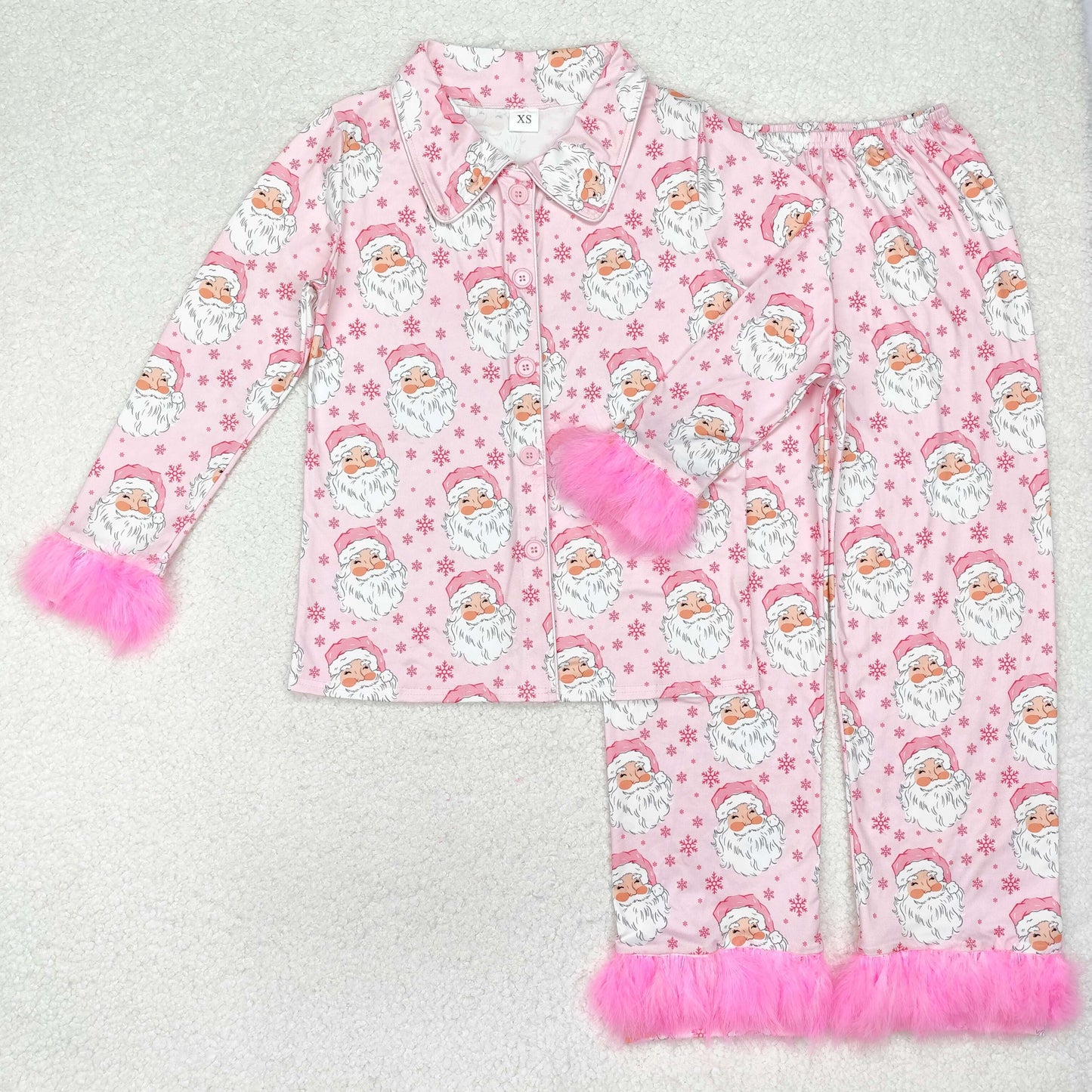 GLP1901 Adult women Santa Claus snowflake pink plush edge long sleeve long pants pajamas set