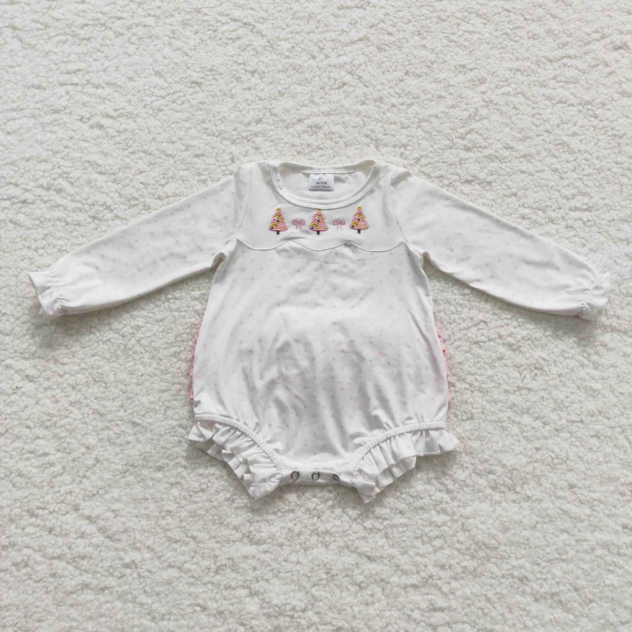 LR0392 Embroidered Christmas Tree Bow Polka Dot Pastel White Long Sleeve Bodysuit