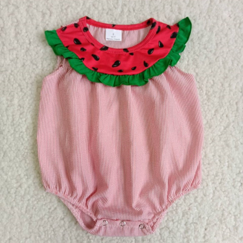 B5-11 Woven watermelon red striped romper D 6.13