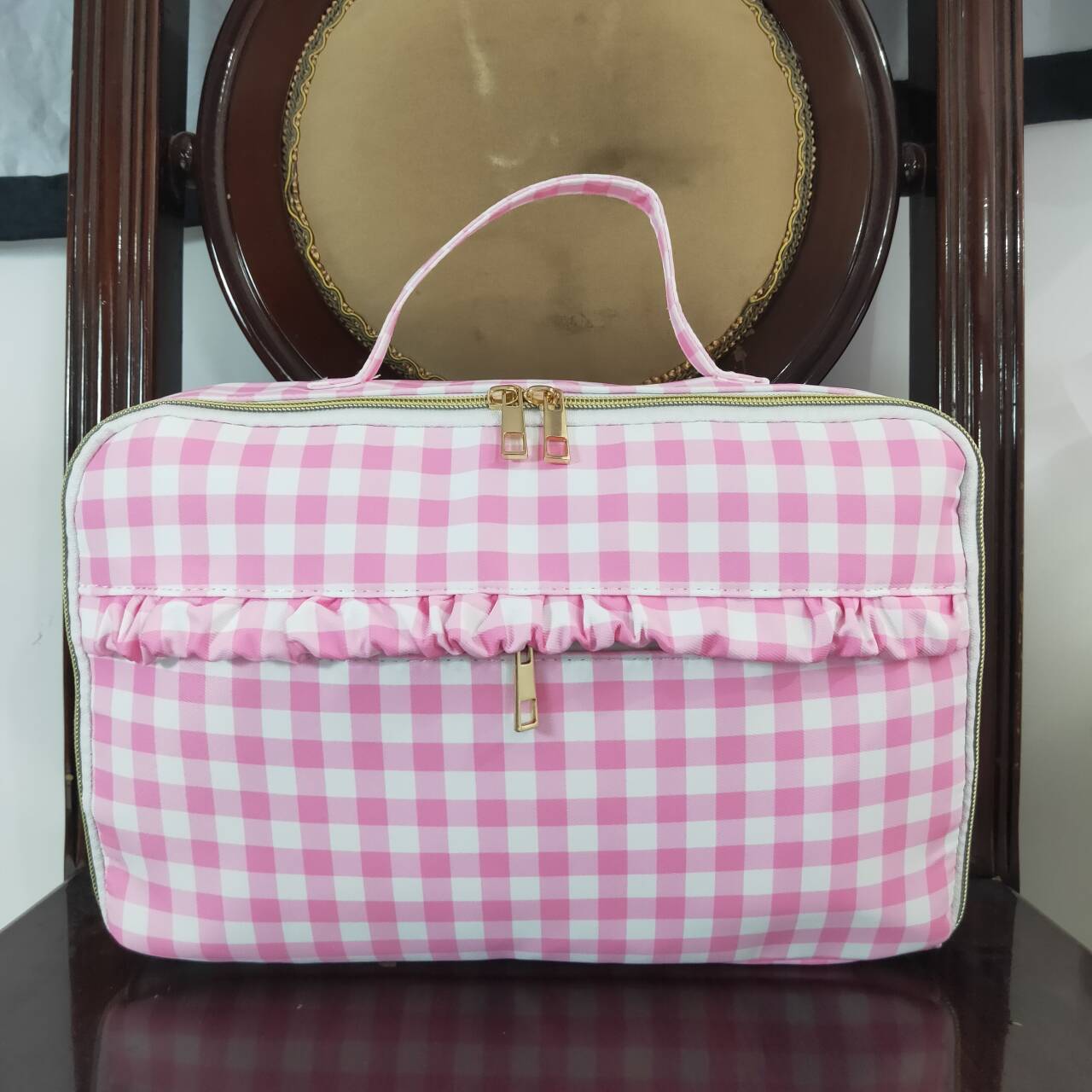BA0088 Pink and white plaid lace lunch box bag
