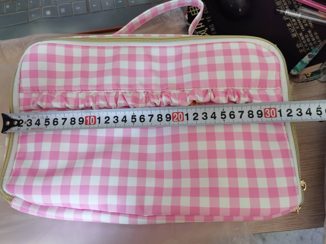BA0088 Pink and white plaid lace lunch box bag